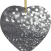 Christmas Ceramic Heart Pendant Decoration for Tree Hanging in Festive Season Shiny Silver Glitter Prints
