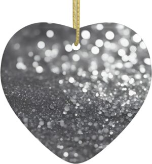 Christmas Ceramic Heart Pendant Decoration for Tree Hanging in Festive Season Shiny Silver Glitter Prints
