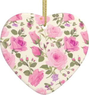 Christmas Ceramic Heart Pendant Decoration for Tree Hanging in Festive Season Pink Roses Prints