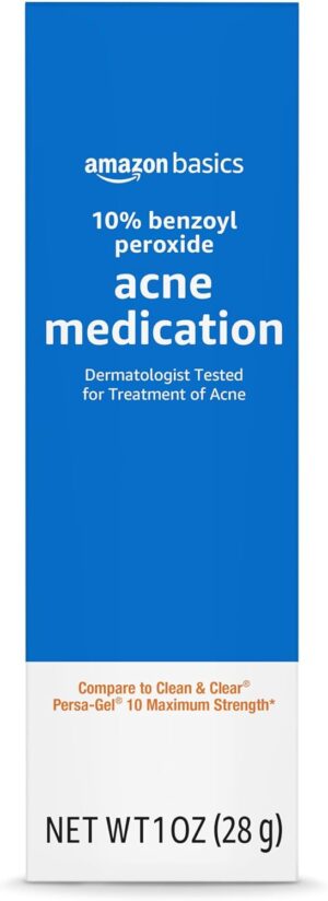Amazon Basics 10% Benzoyl Peroxide Acne Medication, Maximum Strength, 1 Fluid Ounce Face Gel
