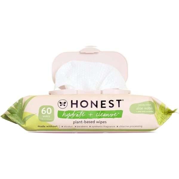The Honest Company Hydrate + Cleanse Naturally Scented Wipes | Cleansing Multi-Tasking Wipes | 99% Water, Plant Based, Hypoallergenic | Aloe + Cucumber, 60 Count