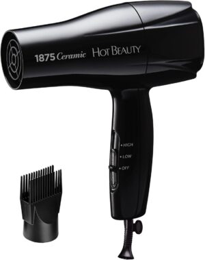 1875 Ceramic Hair Dryer, Powerful Fast Drying, Multi-Setting with Comb Attachment, Additional Detangler Included, Slide Bar Switch, Compact for Home & Travel (Black)