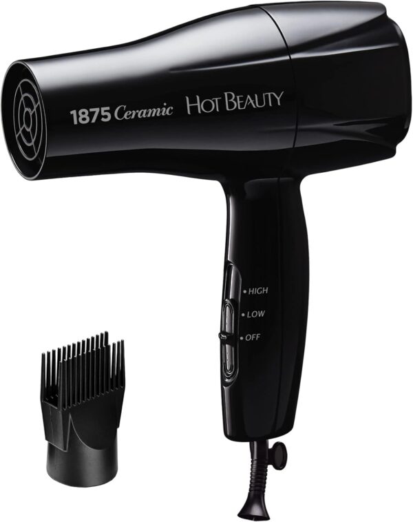 1875 Ceramic Hair Dryer, Powerful Fast Drying, Multi-Setting with Comb Attachment, Additional Detangler Included, Slide Bar Switch, Compact for Home & Travel (Black)