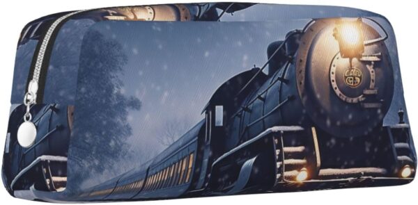 Winter Christmas Snow Night Railway Train Pencil Pouch Large Capacity Pencil Case Leather Cosmetic Bag Office Desk Organizer Coin Pouch Portable Zipper Toiletry Bag for Travel Outdoor