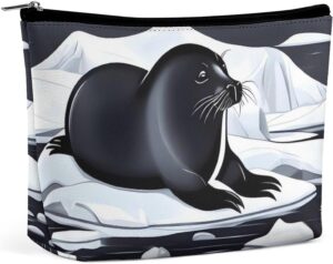 Seals on Ice Makeup Bag for Women Portable Travel Toiletry Pouch, PU Leather Cosmetic Bag with Zipper