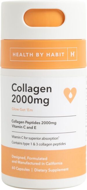 Health by Habit Collagen Supplement (60 Capsules) - Vitamin C & Vitamin E, 2000mg, Collagen Peptides, Superior Absorption, Support Your Skin, Non-GMO, Sugar Free (1 Pack)