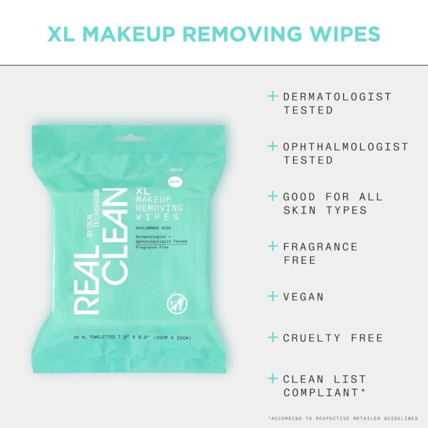 Real Techniques Real Clean XL Hydrating Facial Wipes, Infused With Hyaluronic Acid, Dual-Usage Cleansing Wipes Repair Skin & Gently Remove Makeup, Fragrance Free, 25 Count