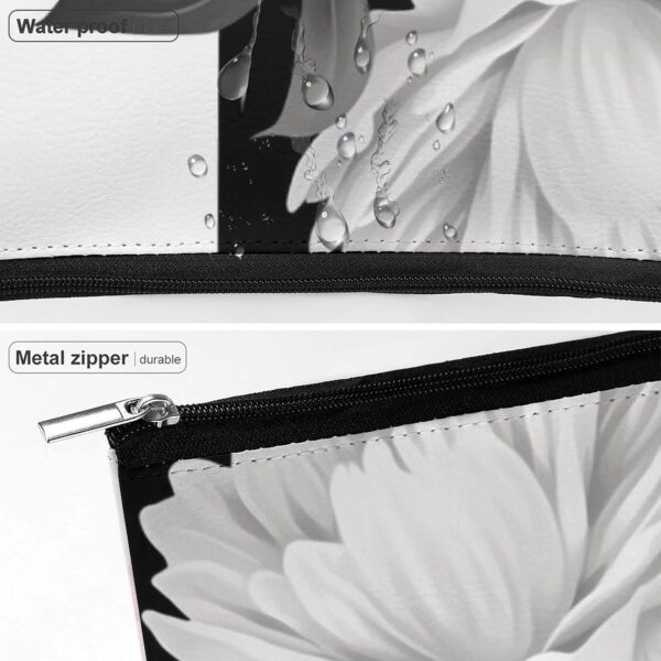 Black White Striped Flowers Makeup Bag for Women Portable Travel Toiletry Pouch, PU Leather Cosmetic Bag with Zipper