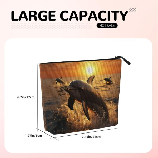 Linen Makeup Bag For Women, Waterproof Travel Cosmetic Organizer Lightweight Zipper Travel Toiletry Bag Organizer Dolphin And Sunset Makeup Brushes Storage Bag