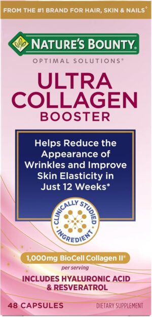 Nature's Bounty Optimal Solutions Ultra Collagen Booster for Healthy-Aging, Collagen Supplement, Resveratrol, Hyaluronic Acid – Collagen Capsules for Women, 48 Capsules