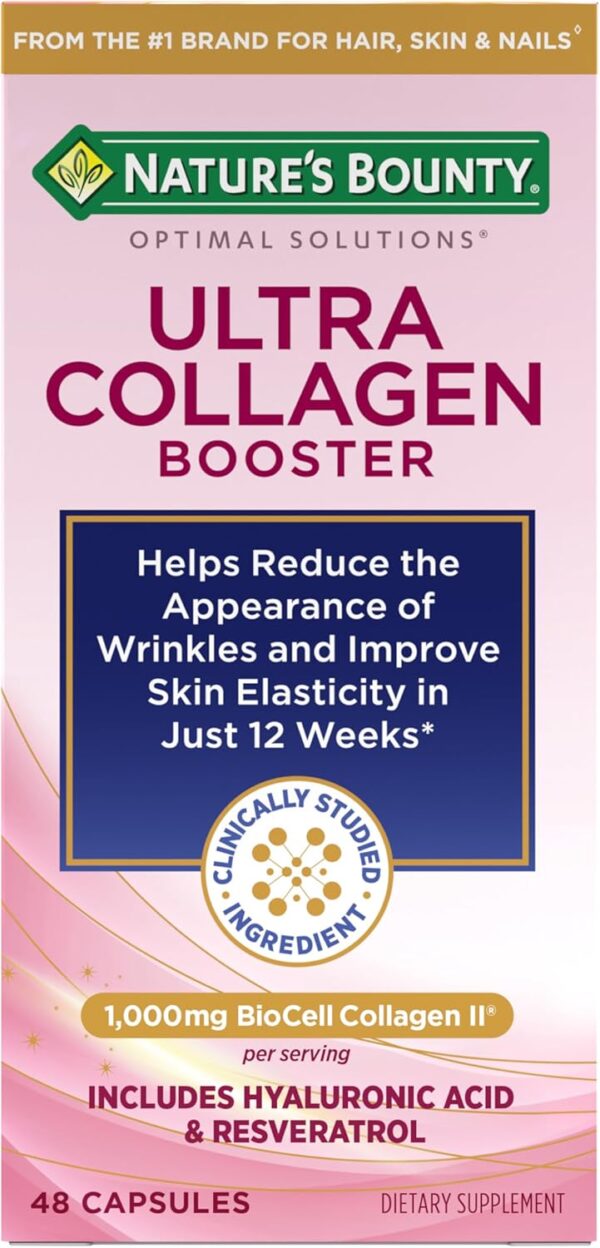 Nature's Bounty Optimal Solutions Ultra Collagen Booster for Healthy-Aging, Collagen Supplement, Resveratrol, Hyaluronic Acid – Collagen Capsules for Women, 48 Capsules