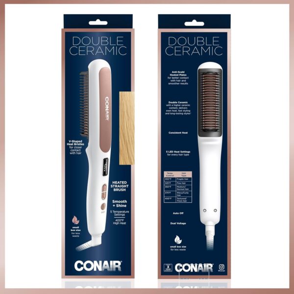 Conair Double Ceramic Straightening Brush, Heated Straightening Brush for Smooth Shiny Hair, V-Shaped Heat Bristles for Closer Contact