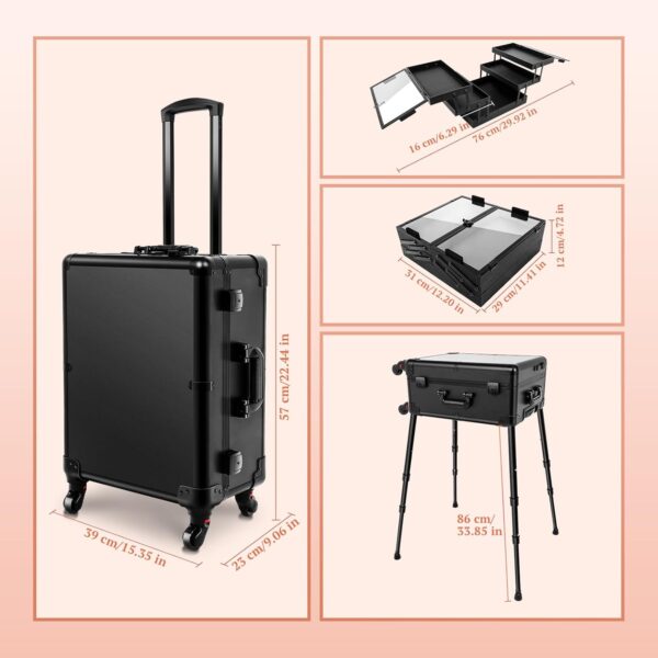 Aluminum Trolley Makeup Train Case with Led Light Rolling Makeup Case with Legs Suitcase Vanity with Lights with Stand Mirror Makeup Vanity Station