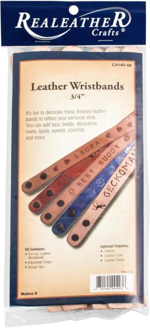Realeather C4140-08 Narrow Leather Wristbands with Snap Closure, 7.5” to 8.5” L X .75"W, Natural, 8-Pack