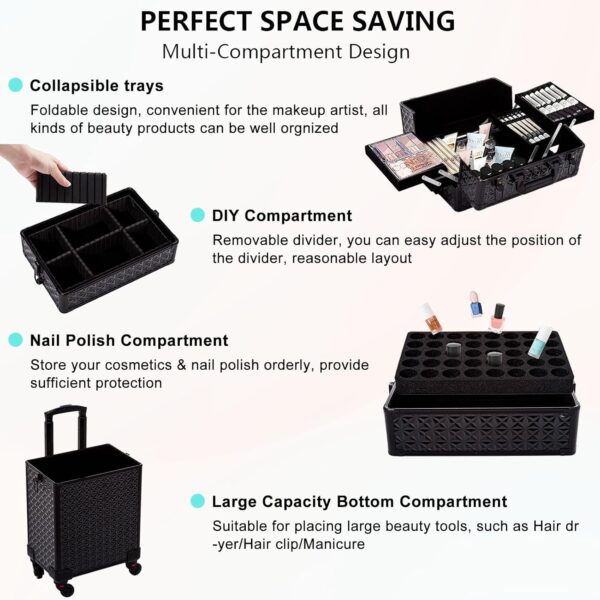 AROUS 5 in 1 Professional Makeup Train Case Aluminum Cosmetic Case Rolling Makeup Case Extra Large Trolley Makeup Travel Organizer, with 360° Swivel Wheels,Black
