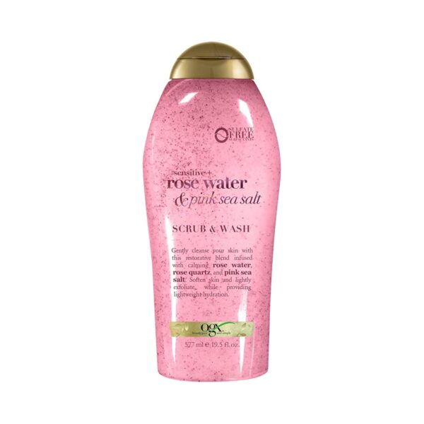 OGX Sensitive + Rose Water & Pink Sea Salt Exfoliating Body Scrub + Rose Quartz, Gentle Exfoliating Daily Body Wash Softens Skin, Body Scrub for Women, Sulfate-Free Surfactants, 19.5 fl oz