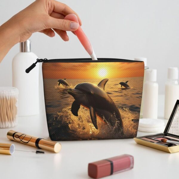 Linen Makeup Bag For Women, Waterproof Travel Cosmetic Organizer Lightweight Zipper Travel Toiletry Bag Organizer Dolphin And Sunset Makeup Brushes Storage Bag