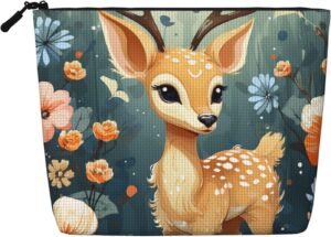 Linen Makeup Bag For Women, Waterproof Travel Cosmetic Organizer Lightweight Zipper Travel Toiletry Bag Organizer Cartoon Deer Flower Makeup Brushes Storage Bag