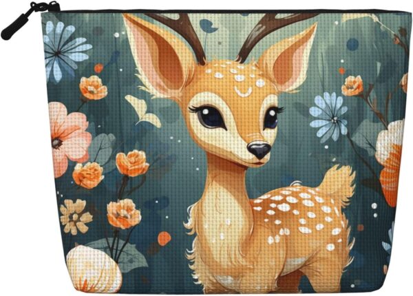 Linen Makeup Bag For Women, Waterproof Travel Cosmetic Organizer Lightweight Zipper Travel Toiletry Bag Organizer Cartoon Deer Flower Makeup Brushes Storage Bag
