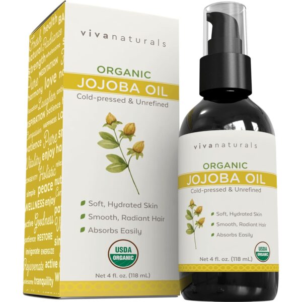Viva Naturals Organic Jojoba Oil - Pure Cold-Pressed for Skin and Hair, USDA Certified Face Moisturizer, 4 fl. oz