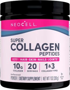 NeoCell Super Collagen Peptides, 10g Collagen Peptides per Serving, Gluten Free, Keto Friendly, Non-GMO, Grass Fed, Healthy Hair, Skin, Nails and Joints, Unflavored Powder, 7 oz., 1 Canister