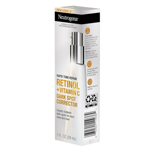 Neutrogena Rapid Tone Repair Retinol + Vitamin C Dark Spot Corrector Face Serum, Daily Anti-Wrinkle Dark Spot Corrector to Brighten & Even Tone, Mineral-Oil & Dye-Free, White, 1 oz