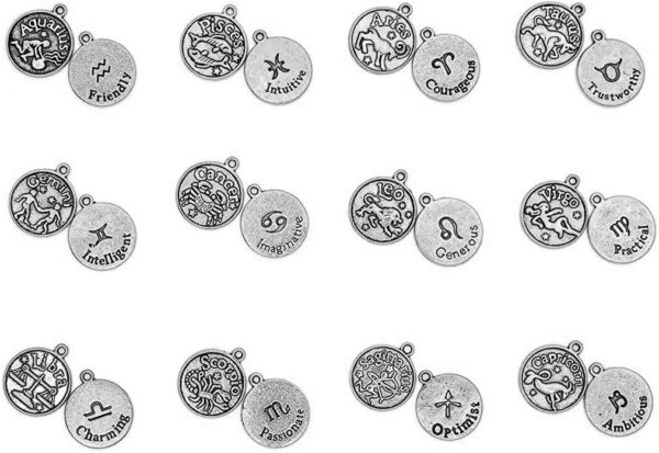 Cousin DIY Zodiac Charm Set for Jewelry Making, 24 Count, Silver