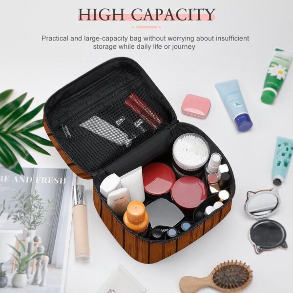 Brown Wood Pattern Makeup Bag, Cosmetic Organizer Case Large Portable Capacity Make Up Bags Women Travel Toiletry Bags with Handle And Divider