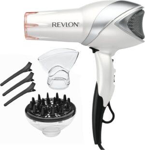 REVLON Infrared Hair Dryer with Diffuser - Ionic Blow Dryer, Diffuser, and Concentrator, Infrared Heat Technology to Prevent Over-Drying for Shiny, Soft Hair with Natural Moisture (White)