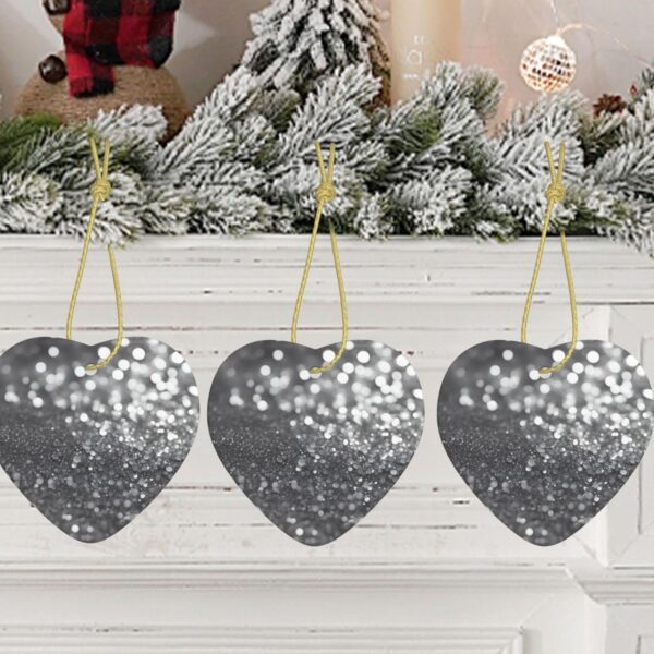 Christmas Ceramic Heart Pendant Decoration for Tree Hanging in Festive Season Shiny Silver Glitter Prints