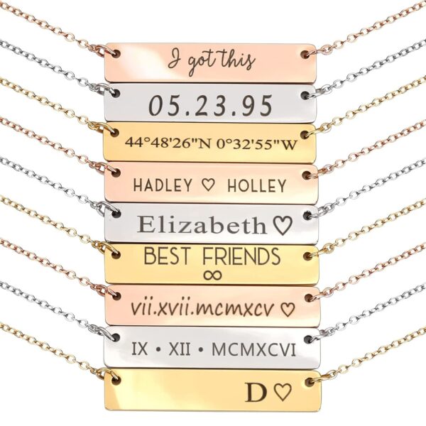 Personalized Engraved Bar Necklace, Custom Name, Date, Coordinates, Friendship Jewelry, Birthday, Wedding, Graduation, Gift for Women – 4N