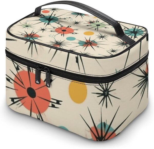 Atomic Stars Retro Pattern Makeup Bag, Cosmetic Organizer Case Large Portable Capacity Make Up Bags Women Travel Toiletry Bags with Handle And Divider