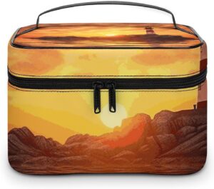 Sea Lighthouse in Sunset Makeup Bag, Cosmetic Organizer Case Large Portable Capacity Make Up Bags Women Travel Toiletry Bags with Handle And Divider