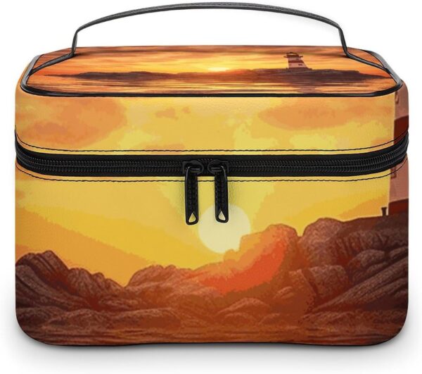Sea Lighthouse in Sunset Makeup Bag, Cosmetic Organizer Case Large Portable Capacity Make Up Bags Women Travel Toiletry Bags with Handle And Divider
