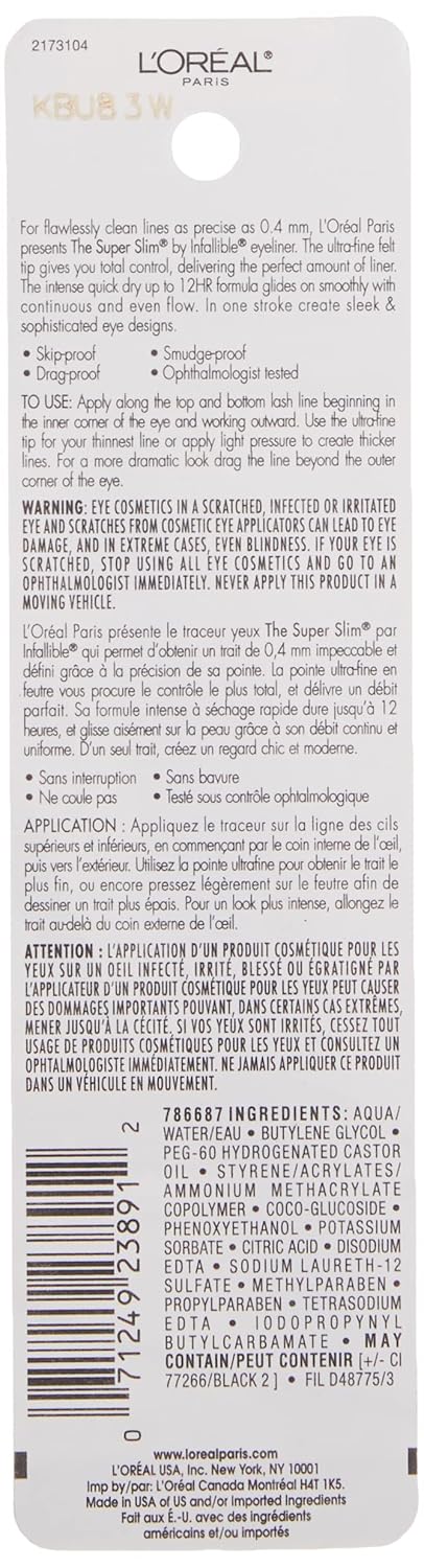 L'Oreal Paris Makeup Infallible Super Slim Long-Lasting Liquid Eyeliner, Ultra-Fine Felt Tip, Quick Drying Formula, Glides on Smoothly, Black, Pack of 1