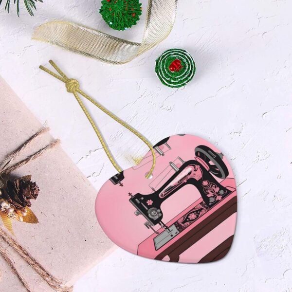 Christmas Ceramic Heart Pendant Decoration for Tree Hanging in Festive Season Vintage Pink Sewing Machine Prints