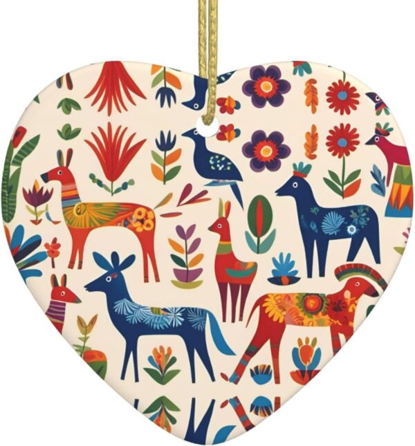 Christmas Ceramic Heart Pendant Decoration for Tree Hanging in Festive Season Cartoon Otomi Animals Prints