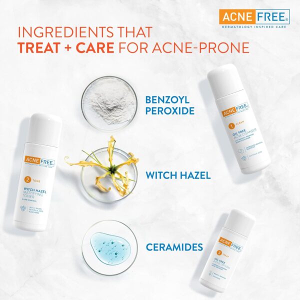Acne Free 3 Step 24 Hour Acne Treatment Kit - Clearing System W Oil Free Acne Cleanser, Witch Hazel Toner, & Oil Free Acne Lotion - Acne Solution W/ Benzoyl Peroxide for Teens and Adults - Original