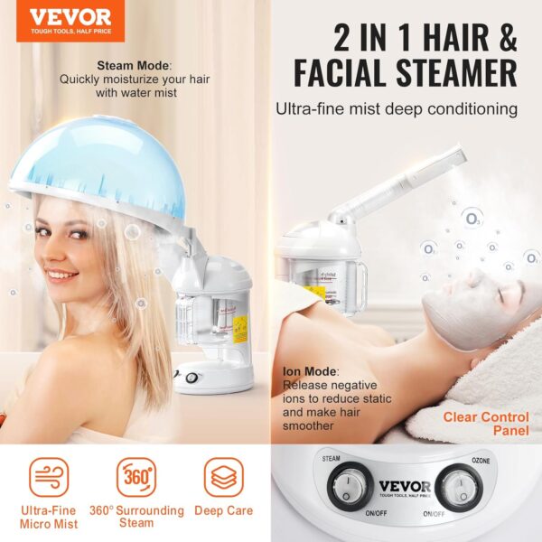 VEVOR Hair Steamer, 2 in 1 UV Ozone Hair & Facial Steamer with Detachable Bonnet Hood, Nano Ionic Face Steamer with 360° Rotatable Sprayer for Deep Conditioning, Perfect for Salon Spa Home Beauty