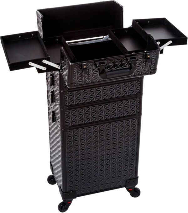 AROUS 5 in 1 Professional Makeup Train Case Aluminum Cosmetic Case Rolling Makeup Case Extra Large Trolley Makeup Travel Organizer, with 360° Swivel Wheels,Black