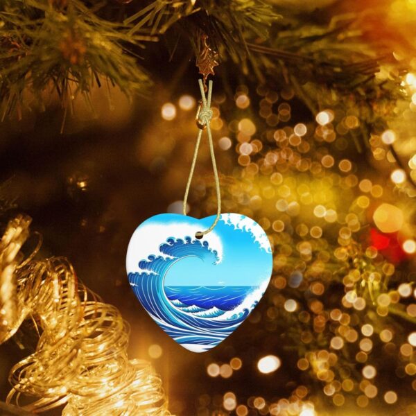 Christmas Ceramic Heart Pendant Decoration for Tree Hanging in Festive Season Cartoon Blue sea Wave Prints