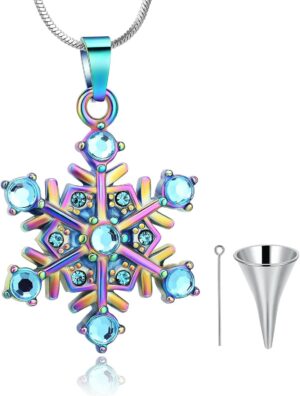 Memorial Urn Necklace Snowflake Pendant with Crystal Pet Dog Ashes Holder Stainless Steel for Woman Cremation Jewelry-F