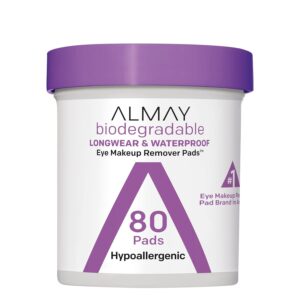 Almay Biodegradable Makeup Remover Pads, Longwear & Waterproof, Hypoallergenic, Fragrance-Free, Dermatologist & Ophthalmologist Tested, 80 Count