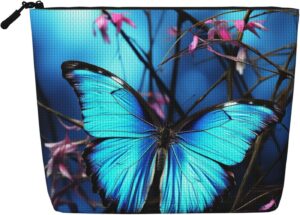 Linen Makeup Bag For Women, Waterproof Travel Cosmetic Organizer Lightweight Zipper Travel Toiletry Bag Organizer Blue Butterfly And Bamboo Makeup Brushes Storage Bag