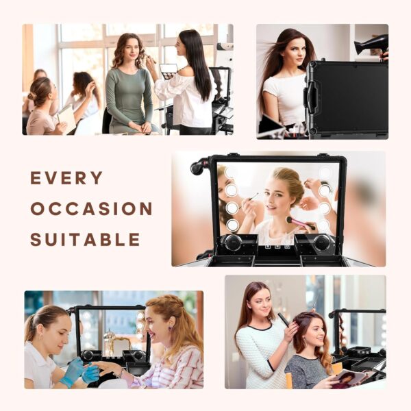 FAHKNS 24'' Aluminum Trolley Makeup Train Case with LED Light Professional Cosmetic Make up Cosmetic Organizer Studio