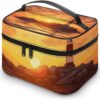 Sea Lighthouse in Sunset Makeup Bag, Cosmetic Organizer Case Large Portable Capacity Make Up Bags Women Travel Toiletry Bags with Handle And Divider