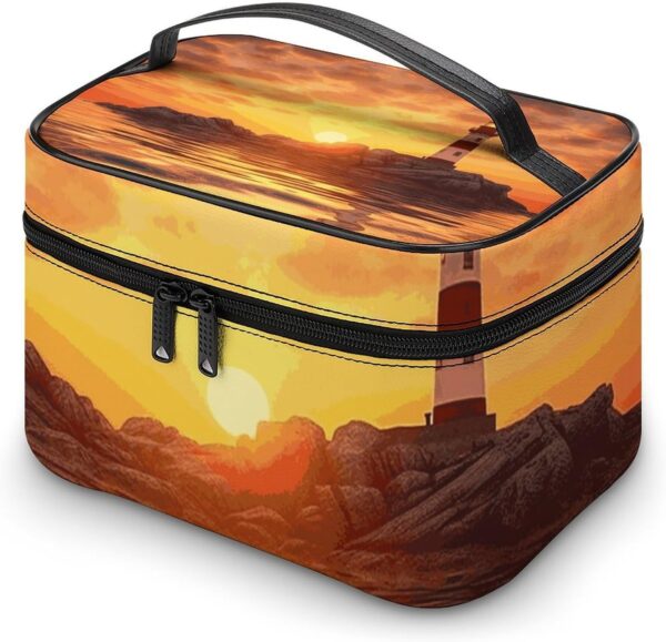 Sea Lighthouse in Sunset Makeup Bag, Cosmetic Organizer Case Large Portable Capacity Make Up Bags Women Travel Toiletry Bags with Handle And Divider