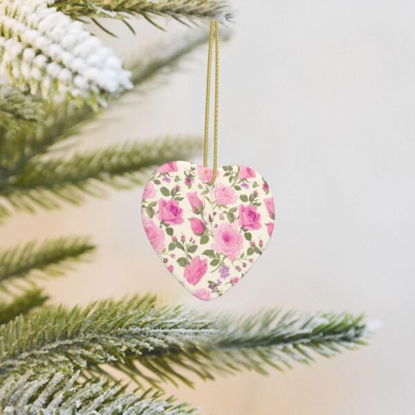 Christmas Ceramic Heart Pendant Decoration for Tree Hanging in Festive Season Pink Roses Prints