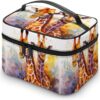 Watercolor Giraffes Makeup Bag, Cosmetic Organizer Case Large Portable Capacity Make Up Bags Women Travel Toiletry Bags with Handle And Divider