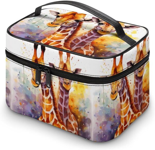 Watercolor Giraffes Makeup Bag, Cosmetic Organizer Case Large Portable Capacity Make Up Bags Women Travel Toiletry Bags with Handle And Divider